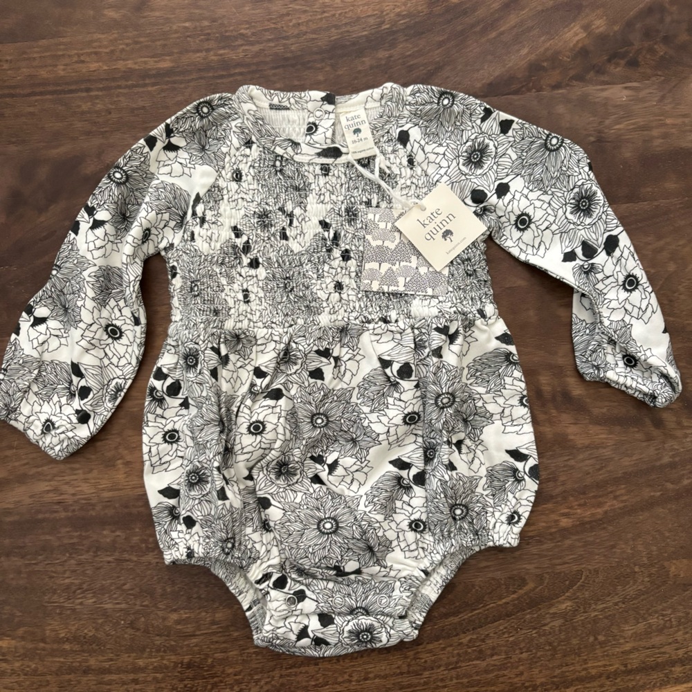 KATE QUINN Long Sleeves Puff Smocked Bubble Black Vintage Floral